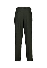 Ciemnozielone wełniane spodnie o prostym kroju, z dwoma tylnymi kieszeniami i wykończeniem w pasie. Miękka tekstura z eleganckim wykończeniem.