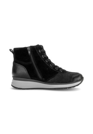Black high-top sneaker with lace-up front, side zipper, textured heel, and white rubber sole, shown from the side on a white background.