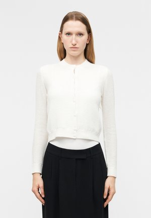 Γυναίκα με ίσια μαλλιά φοράει λευκό υφασμάτινο πουκάμισο με κουμπιά και ψηλόμεση μαύρη φούστα, στέκεται μπροστά σε απλή λευκή φόντο.