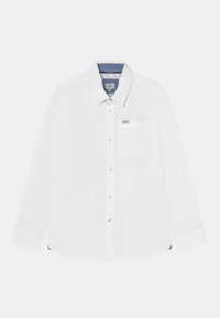 Biała koszula z długim rękawem, z zapięciem na guziki, jedna kieszeń na piersi, kontrastujący niebieski wewnętrzny kołnierz oraz gładka bawełniana tkanina.