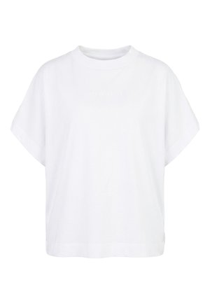 Witte T-shirt met korte mouwen, ronde hals, een ontspannen pasvorm en een subtiel tonale tekst op de borst.