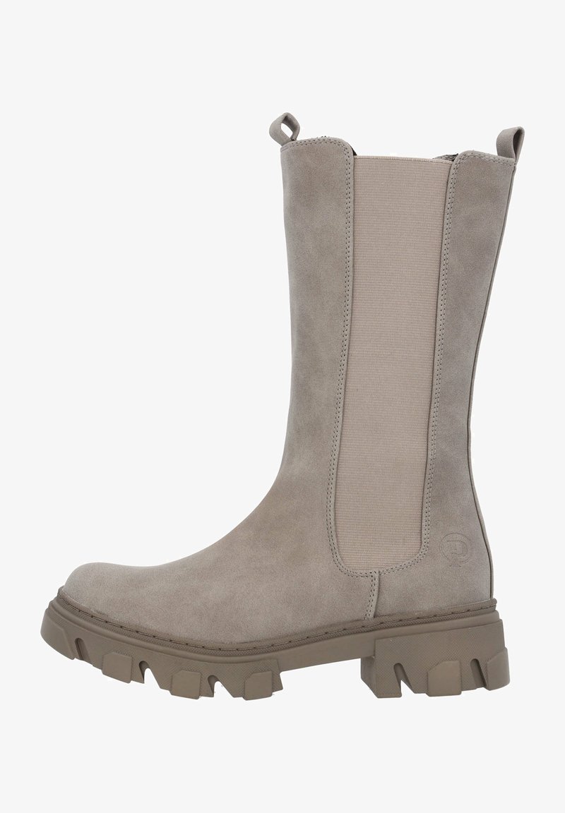 Beige suede ankle boot with elastic side panels, a thick rubber sole, and a pull tab for easy wear. Features textured detailing on the shaft.