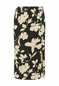 Hame midi bermuda berbunga dengan pinggang elastis. Kain hitam dengan pola bunga krem dan belahan samping untuk mobilitas.