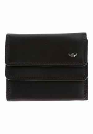 Portefeuille en cuir noir avec fermeture à rabat et petit emblème argenté dans le coin supérieur droit, présentant des bords cousus et une texture lisse.