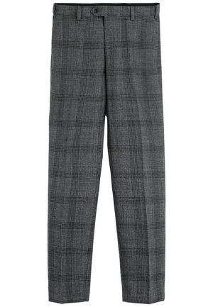 Szare spodnie na miarę w kratę z szlufkami na pasek i zapięciem na guzik w talii, pokazane na płasko na białym tle.