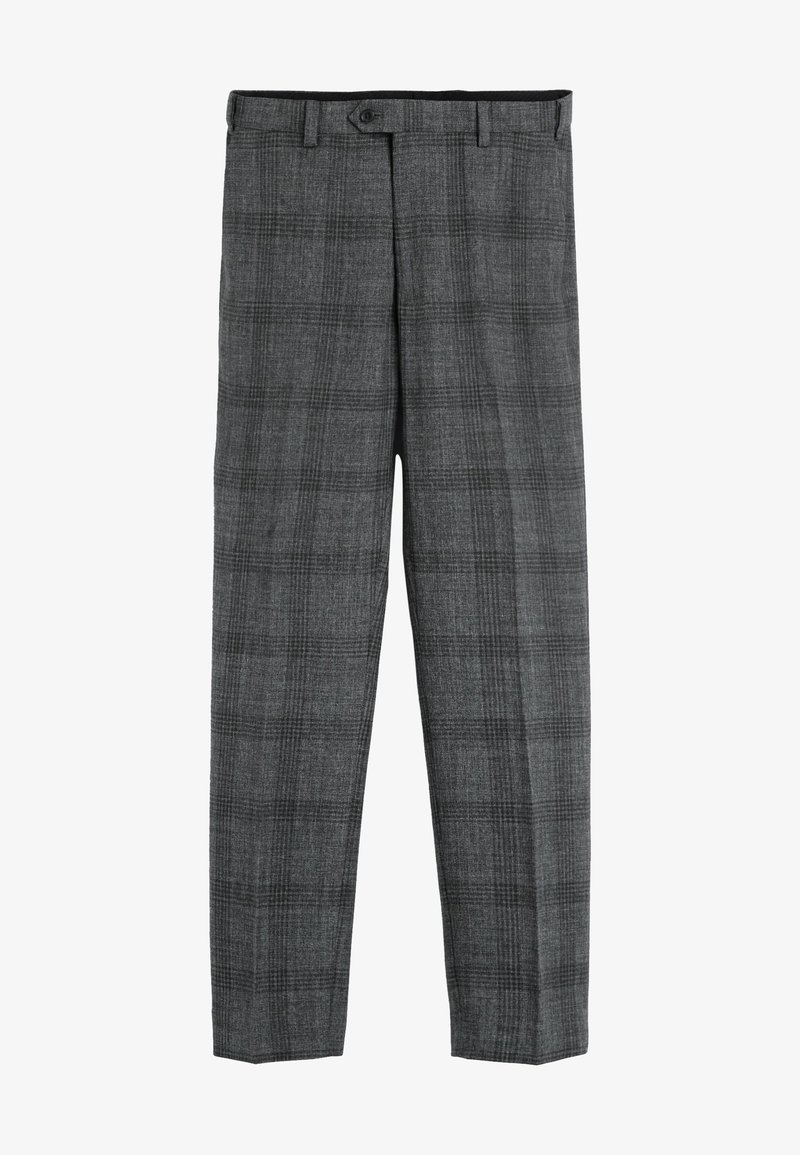 Pantalon gris à carreaux, cintré, avec passants pour ceinture et fermeture à bouton à la taille, présenté à plat sur un fond blanc.