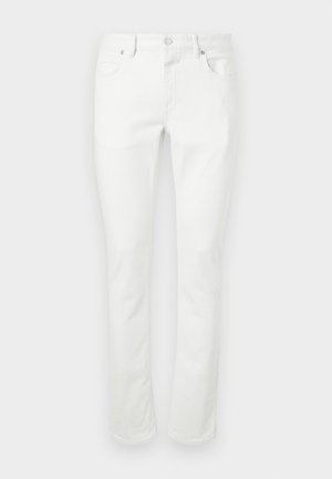 White denim jeans with a straight cut, five-pocket design, and metal button closure. Smooth texture and minimal stitching details.