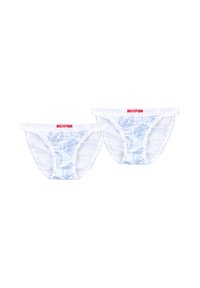 Weiße Baumwollunterwäsche mit einem hellblauen Blumenmuster und einem Rüschensaum. Zwei Teile enthalten, mit einem roten Markenetikett.