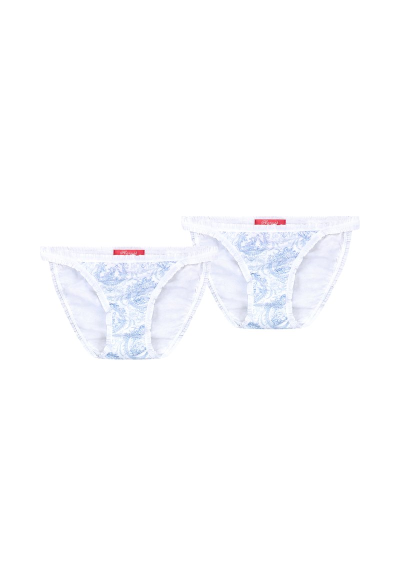 Weiße Baumwollunterwäsche mit einem hellblauen Blumenmuster und einem Rüschensaum. Zwei Teile enthalten, mit einem roten Markenetikett.