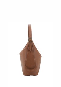 Brown leather handbag with a single adjustable strap, a rounded shape, textured surface, and a subtle stitching detail along the edges.