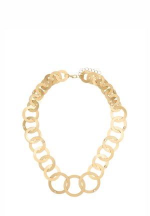 Złoty metalowy naszyjnik składający się z połączonych okrągłych ogniw o matowym wykończeniu, z małymi, przezroczystymi kamieniami zdobiącymi niektóre ogniwa. Regulowane zapięcie łańcuszka.