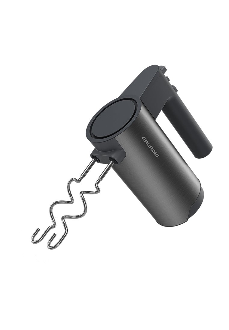 Handmixer mit schwarzem Griff und wellenförmigen Rührbesen aus Edelstahl, Marke Grundig, seitliche Ansicht auf weißem Hintergrund.