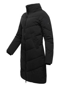 Black padded coat with a high collar, full zipper, vertical seams, and elastic cuffs. Features side pockets and logo patch on the sleeve.