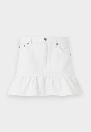 White denim skirt with a ruffled hem, featuring a five-pocket design, front button closure, and metal hardware accents.