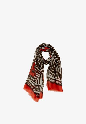 Braun-weiß gemusterter abstrakter Schal mit roten Kanten und wiederholtem "oui"-Text entlang des Randes, locker in einer Schlaufe drapiert.