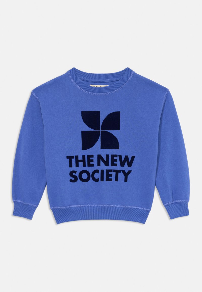 Sweatshirt azul feito de um tecido macio, com um decote arredondado. Design gráfico preto notável com o texto "A NOVA SOCIEDADE" abaixo.