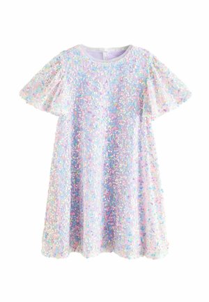 Glitzerndes Kleid mit rundem Ausschnitt, Puffärmeln und einem leichten schillernden Stoff, der mit bunten Pailletten übersät ist.