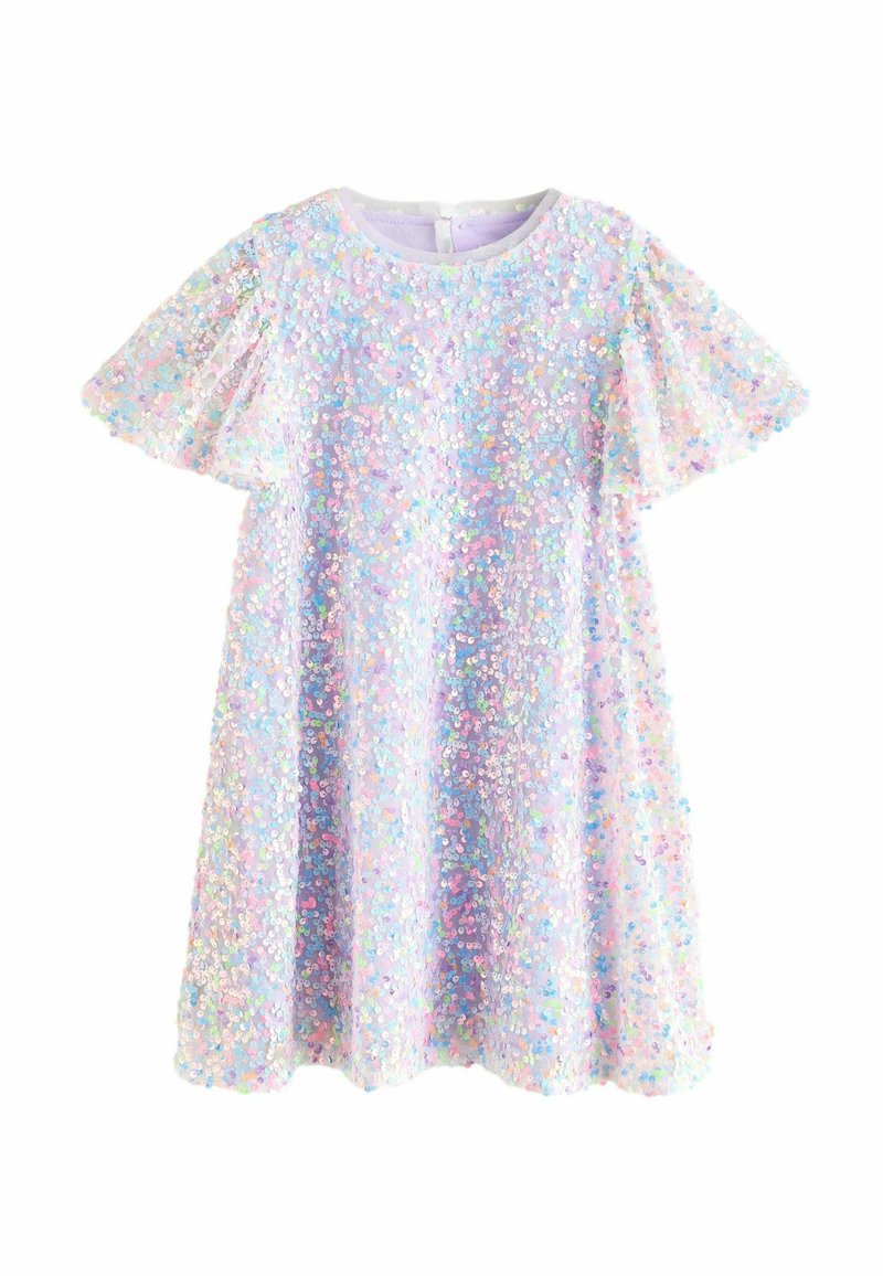 slim fit dress slacks Wide sequinned dress Salena in purple with short sleeves