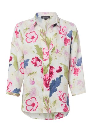 Biała bluzka z długim rękawem i kołnierzykiem, z kolorowym kwiatowym wzorem w odcieniach różu, zieleni i niebieskiego, zapinana z przodu na guziki.