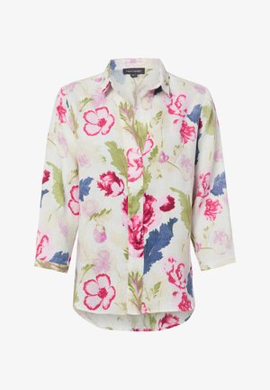 Biała bluzka z długim rękawem i kołnierzykiem, z kolorowym kwiatowym wzorem w odcieniach różu, zieleni i niebieskiego, zapinana z przodu na guziki.