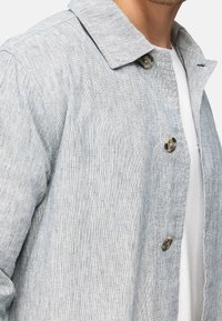 Light blue, textured button-up shirt with a collared neckline, featuring two shiny buttons and a relaxed fit. Worn over a white shirt.