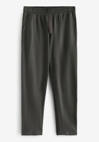 Pantaloni de trening gri închis dintr-un material neted, cu talie elastică și șnur de ajustare, având două buzunare laterale. Fără modele vizibile.