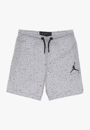 Hellgraue Sportshorts mit schwarzem Sprenkelmuster, schwarzem Kordelzug, Seitentaschen und schwarzem Air Jordan-Logo am rechten Bein.
