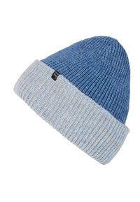 Knit beanie in blue tones, featuring a light gray ribbed cuff. Material has a textured, warm appearance with a tag sewn on the cuff.