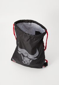 Drawstring bag in black with a white striped bull graphic. Features red drawstrings, nylon material, and a smooth inner lining.