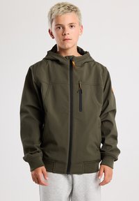 Olive green jacket with hood, zip front, and elastic cuffs. Features a chest pocket with zipper and textured fabric in a smooth finish.