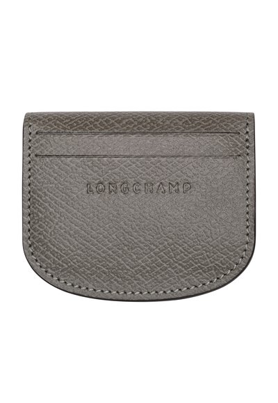 Gray textured leather cardholder with two card slots and "LONGCHAMP" embossed on the front center.