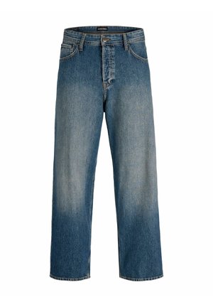 Jean en denim bleu coupe droite avec poches avant, passants de ceinture et fermeture par bouton à la taille.