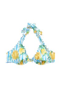 Bikini-top met een driehoekige vorm, gerimpelde randen, blauw-wit gestreept patroon en een citroenbloem ontwerp. Bindt aan de nek en de achterkant.