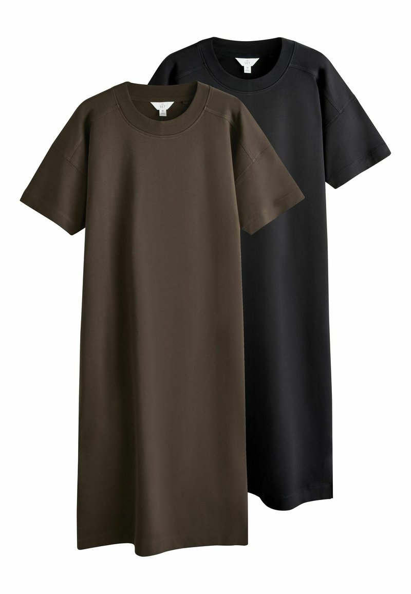 Deux robes t-shirt à manches courtes et longueur genou, l'une en vert olive foncé et l'autre en noir, avec des encolures rondes et un design simple.