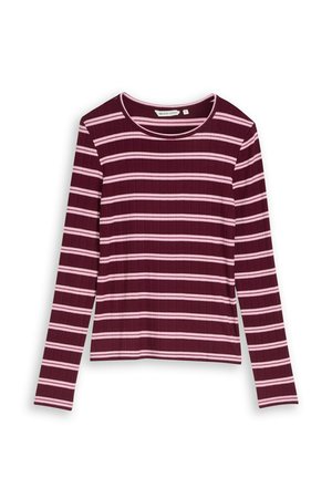 Haut bordeaux à manches longues côtelées avec des rayures horizontales rose clair et un col rond.