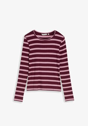 Haut bordeaux à manches longues côtelées avec des rayures horizontales rose clair et un col rond.