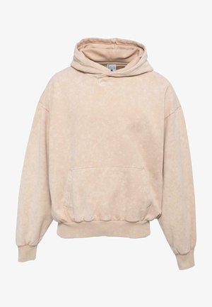 Bež pulloveri kapuutsärk pehmest kangast, millel on eesmine tasku, soonikkoes varrukad ja reguleeritav paelaga kapuuts. Peenelt täpiline tekstuur.