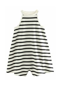 Robe sans manches rayée en crème et noir. Présente un col haut, une forme évasée et un tissu en jersey doux avec des rayures horizontales.