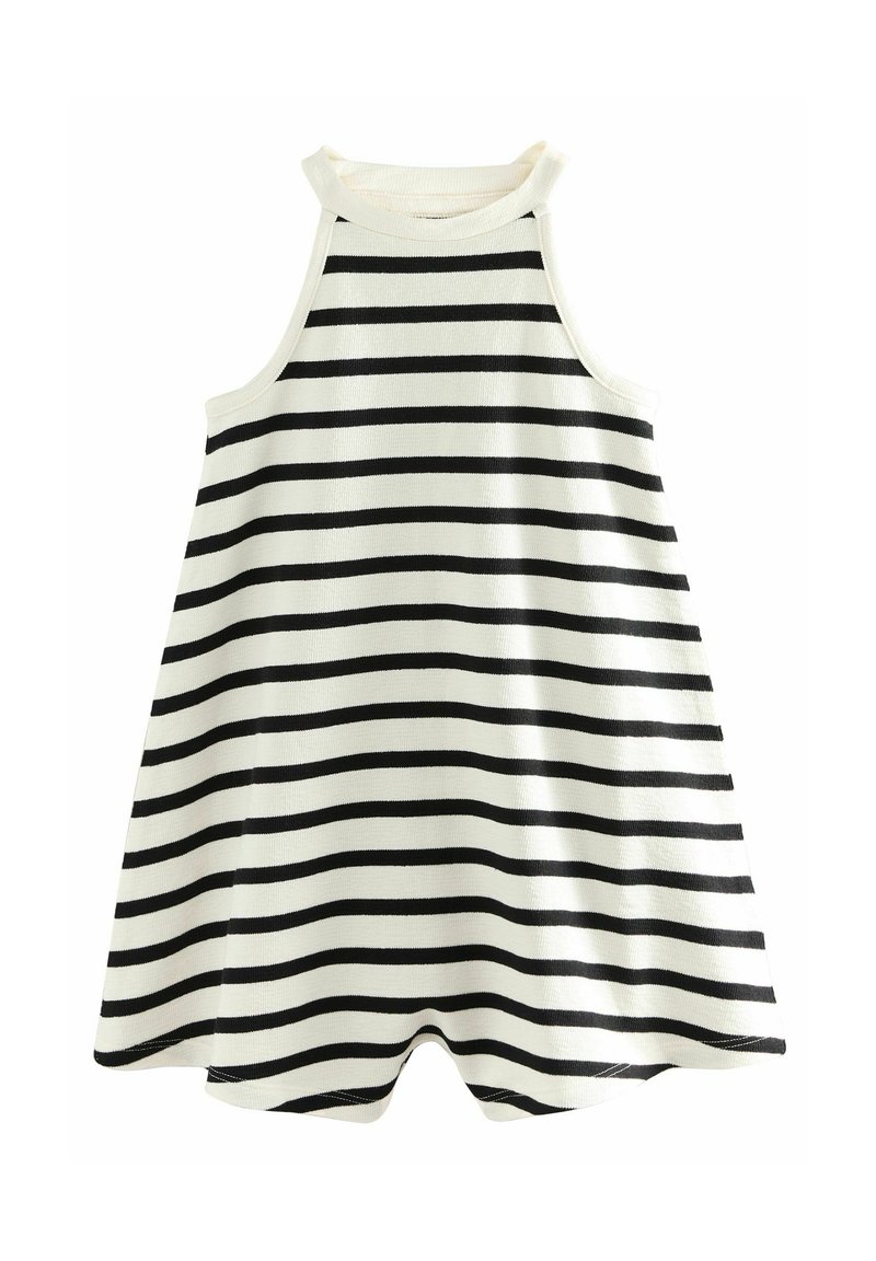 Robe sans manches rayée en crème et noir. Présente un col haut, une forme évasée et un tissu en jersey doux avec des rayures horizontales.
