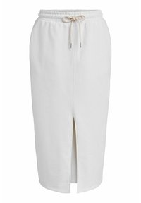 Jupe midi blanche en tissu doux avec une taille élastique et un cordon de serrage, dotée d'une fente à l'avant pour faciliter les mouvements.