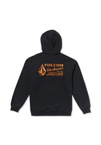 Sort hættetrøje lavet af bomuldsblanding med et orange silketrykt logo på ryggen med teksten "VOLCOM Workwear EST. 1991."