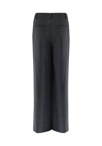 Dunkelgraue weite Hosen aus strukturiertem Stoff, mit flacher Vorderseite, Gürtelschlaufen und zwei Gesäßtaschen. Maßgeschneiderte Passform für einen eleganten Schnitt.
