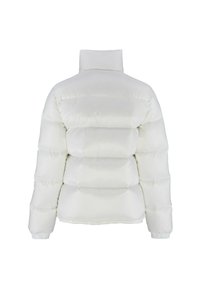 Witte pufferjack met een hoge kraag, voorzien van doorgestikte secties, ribbelmanchetten en een slanke, gladde textuur. Aangesloten pasvorm.
