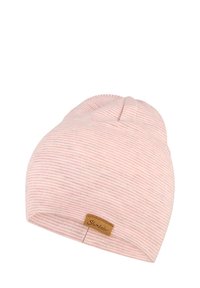 Pink striped knit beanie with a soft texture and a small, brown leather logo patch on the cuff. Tapered design for a snug fit.