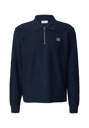 Marineblauwe polo met lange mouwen, geweven stof, geribbelde kraag, halflange ritssluiting aan de voorkant, klein logo op de borst, aansluitende manchetten.