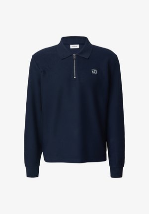 Marineblaues Langarm-Polohemd, strukturierten Stoff, gerippter Kragen, halber Reißverschluss vorne, kleines Logo auf der Brust, enganliegende Bündchen.