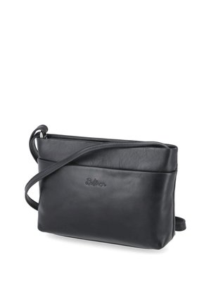 Sac bandoulière en cuir noir avec une fine bandoulière réglable et le nom de la marque "Belinna" subtilement embossé au centre à l'avant.