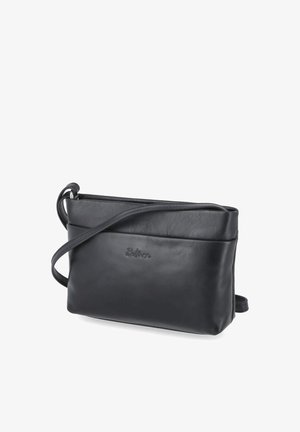 Sac bandoulière en cuir noir avec une fine bandoulière réglable et le nom de la marque "Belinna" subtilement embossé au centre à l'avant.