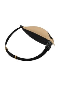 Borsa a tracolla beige e nera con forma semicircolare. Realizzata in materiali lisci e testurizzati, presenta una cerniera e una tracolla regolabile.