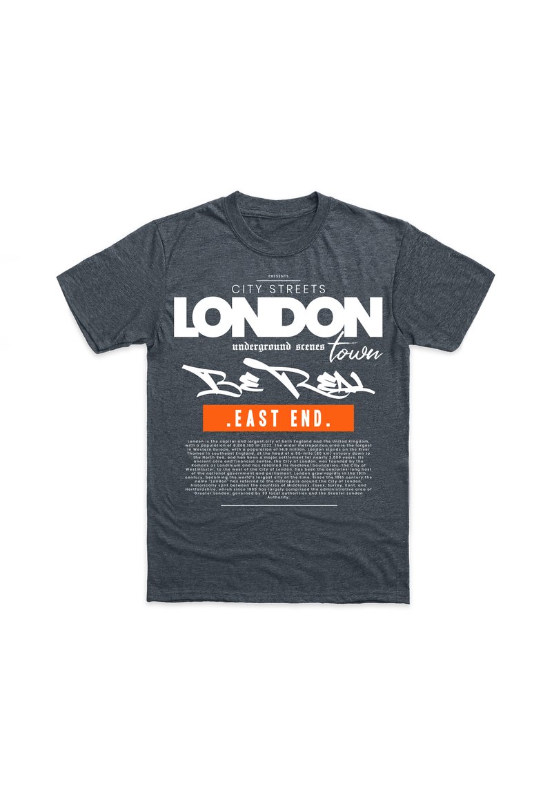 Dunkelgraues Baumwoll-T-Shirt mit auffälligem weißen Text "LONDON" und orangefarbenen Akzenten im Graffiti-Stil, das urbane Designelemente präsentiert.